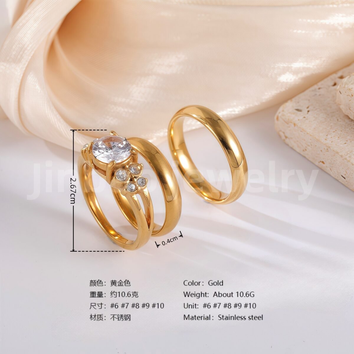 3 pc His & Her Crystal Glow Wedding Ring Set Hypoallergenic 24k Gold, Cubic Zirconia, Size 6-10 - Image 7
