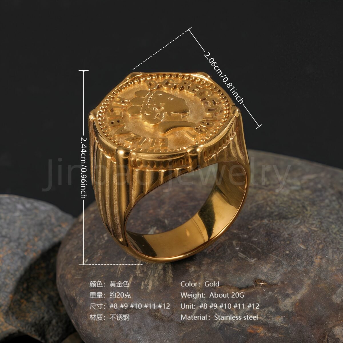 24K Gold PVD Stainless Steel Titanium Victorious Emblem Coin Men's Ring - Image 3