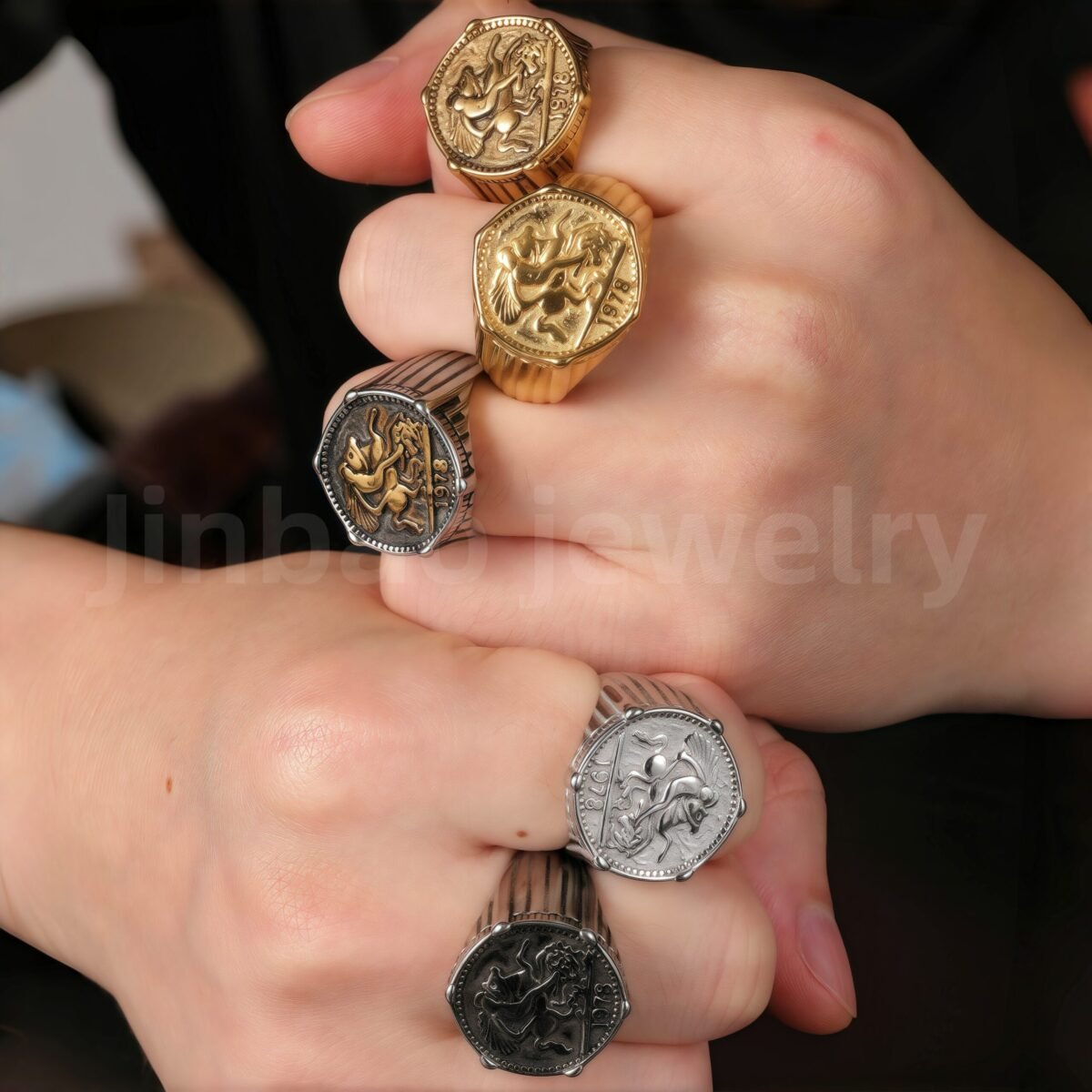 24K Gold PVD Stainless Steel Titanium Antique Coin Men's Ring - Image 2