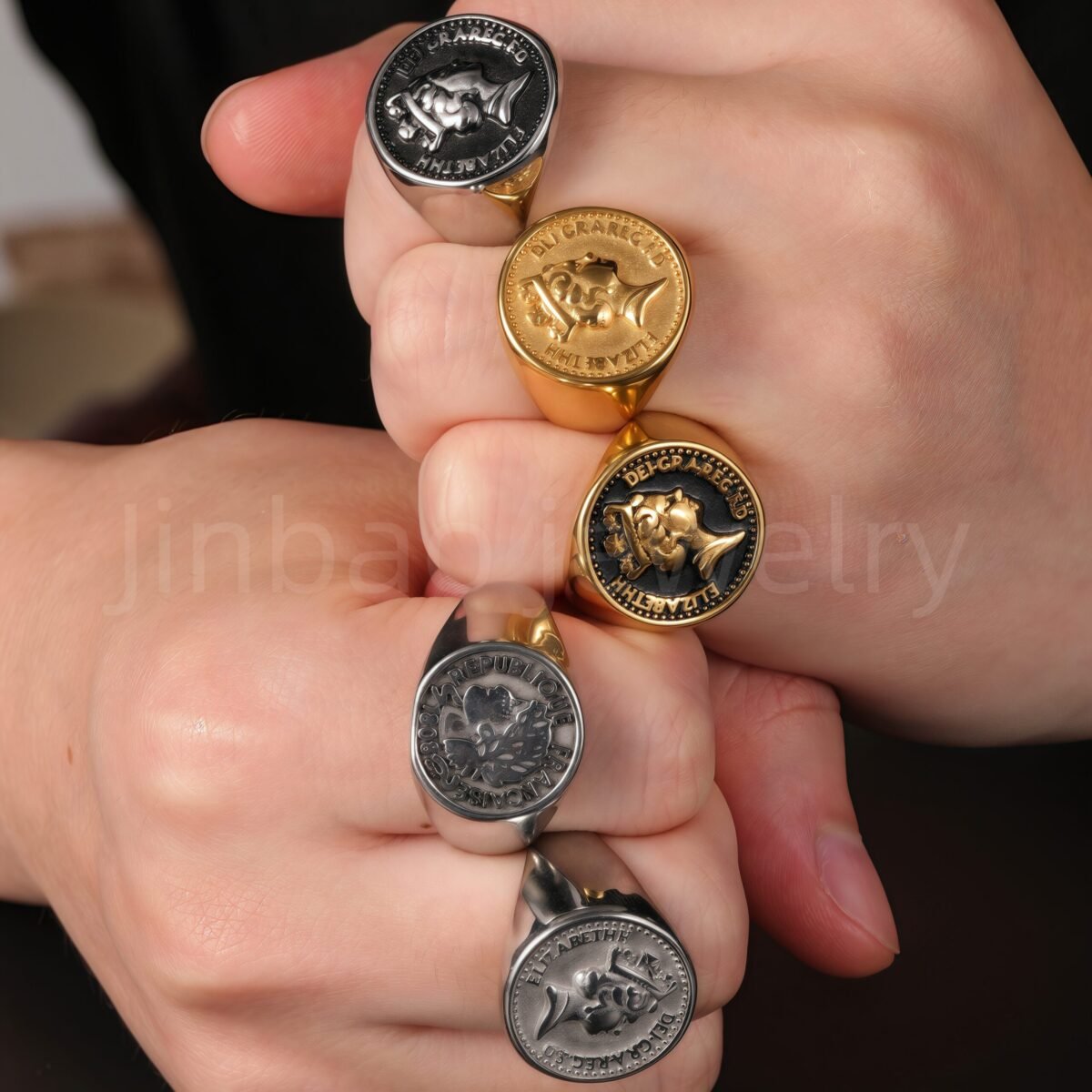 24K Gold PVD Stainless Steel Titanium Monarch's Coin Men's Ring - Image 2