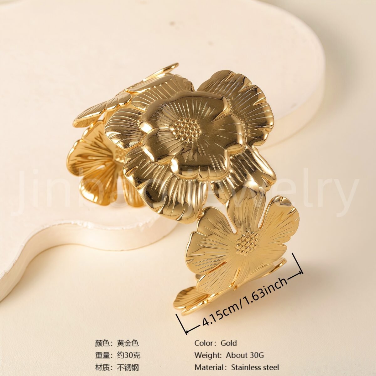 Elegant Floral Engraving 24K Gold PVD Stainless Steel Titanium Women's Bangle - Image 8