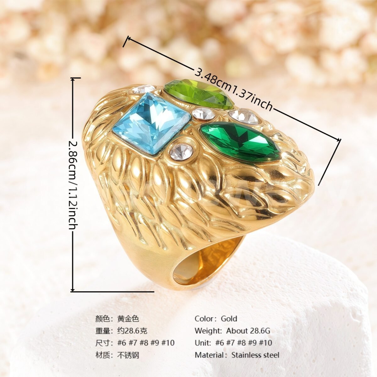 Vintage Multi-Gemstone Textured 24K Gold PVD Stainless Steel Titanium Women's Ring - Image 3
