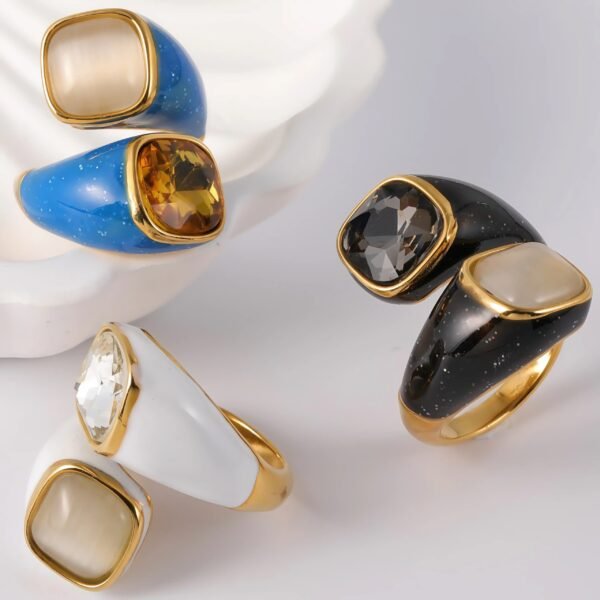 24K Gold-Plated Stainless Steel Square Gemstone Minimalist Luxury Women's Ring