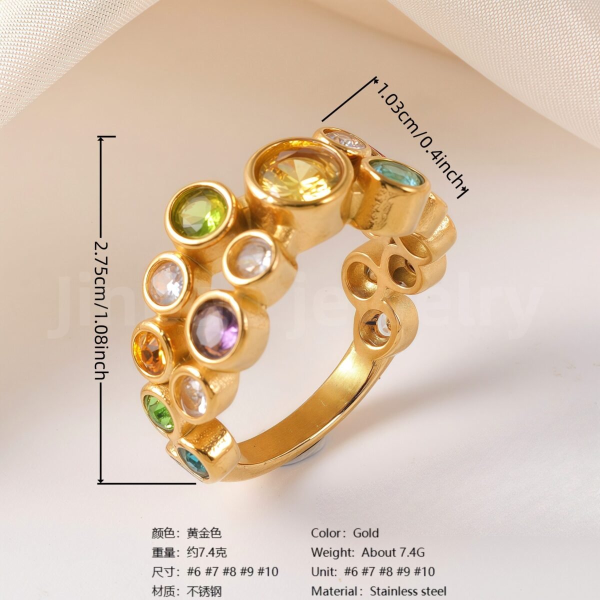 Luxury 24K Gold-Plating Stainless Steel Stunning Crystal Embellishments Women's Waterproof Ring - Image 2