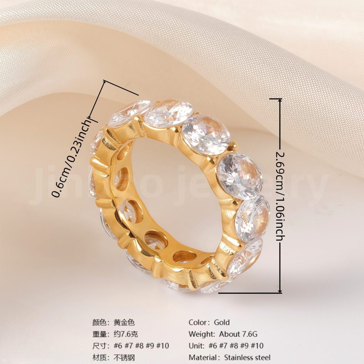 Luxury 24K Gold-Plating Stainless Steel Stunning Crystal Embellishments Women's Waterproof Ring - Image 6