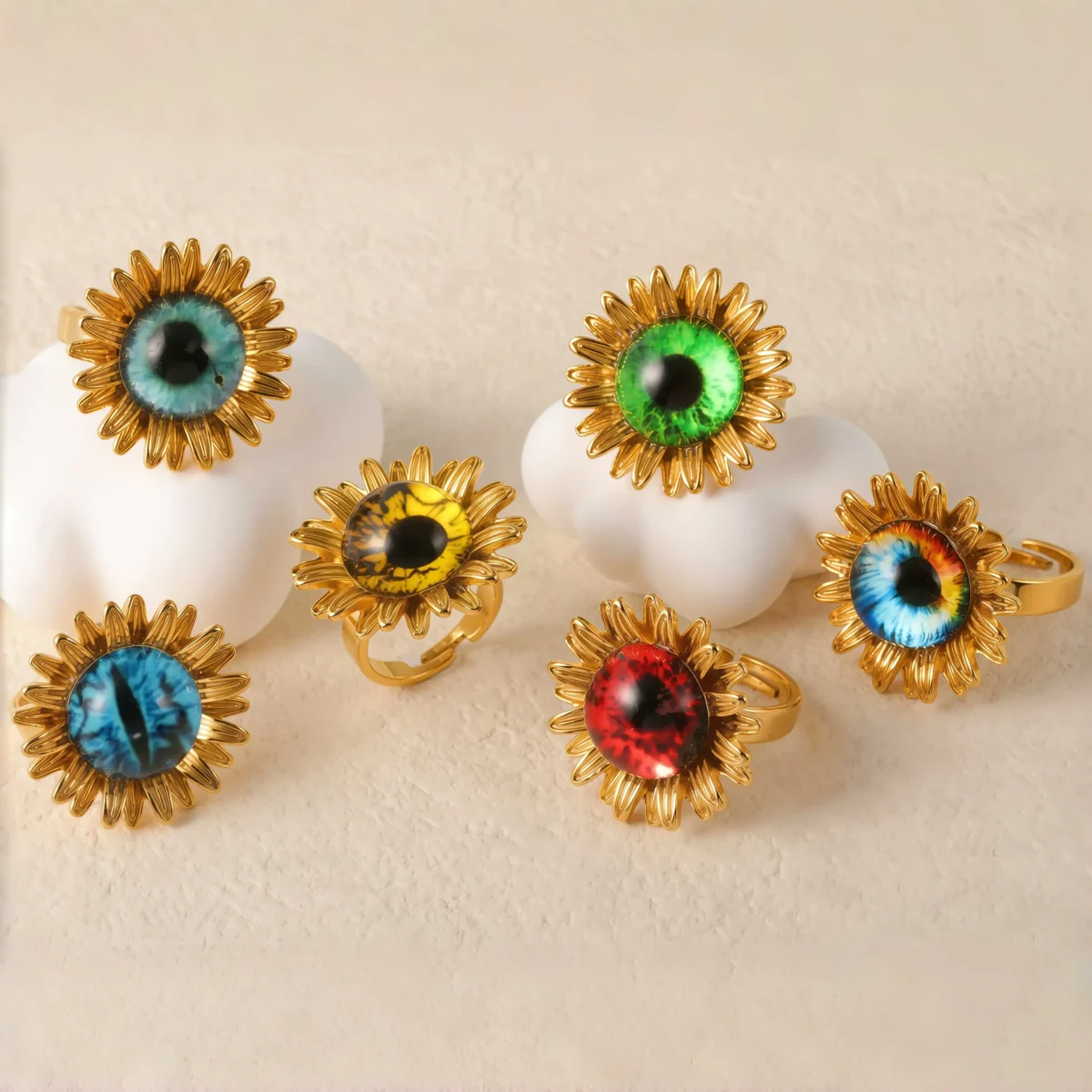 24K Gold-Plating Stainless Steel Colorful Eye Sunflower Trendy Women's Waterproof Ring - Image 1