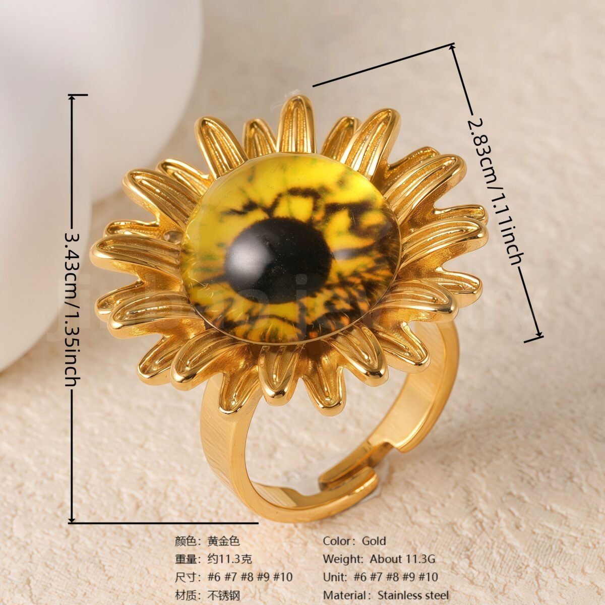 24K Gold-Plating Stainless Steel Colorful Eye Sunflower Trendy Women's Waterproof Ring - Image 5