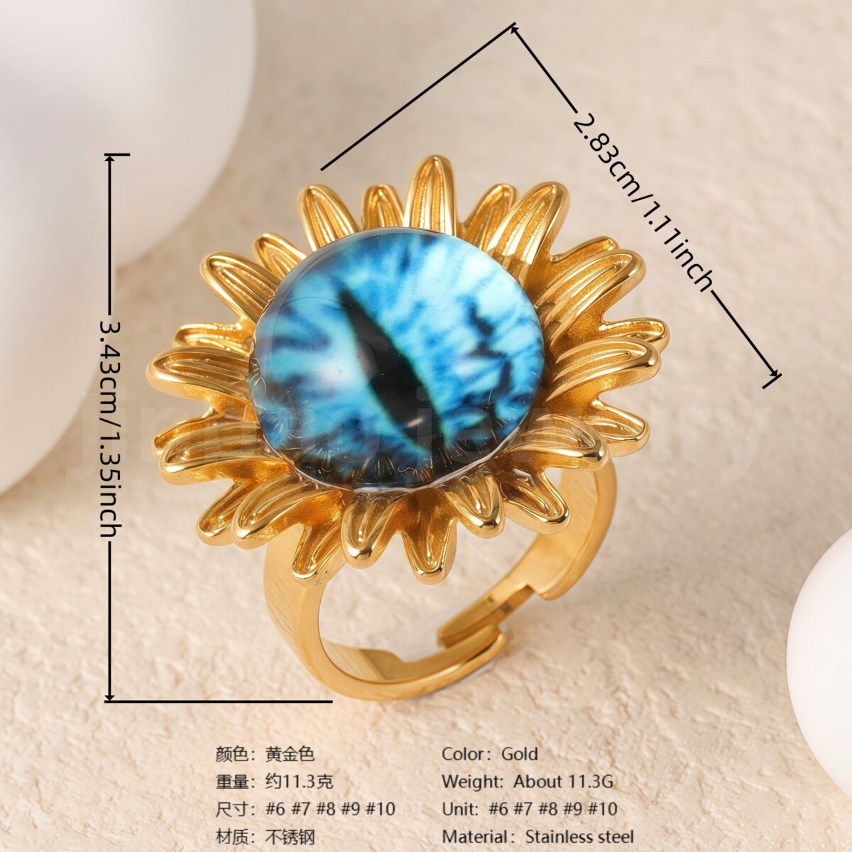 24K Gold-Plating Stainless Steel Colorful Eye Sunflower Trendy Women's Waterproof Ring - Image 3