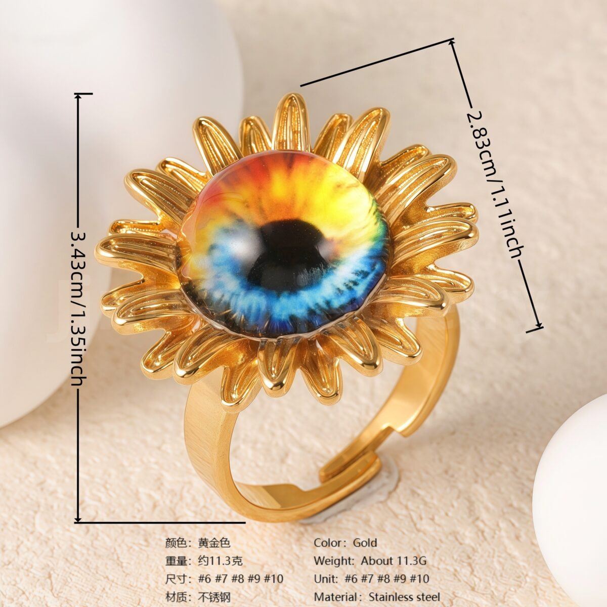 24K Gold-Plating Stainless Steel Colorful Eye Sunflower Trendy Women's Waterproof Ring - Image 11