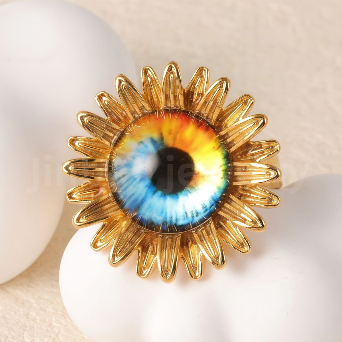 24K Gold-Plating Stainless Steel Colorful Eye Sunflower Trendy Women's Waterproof Ring - Image 12