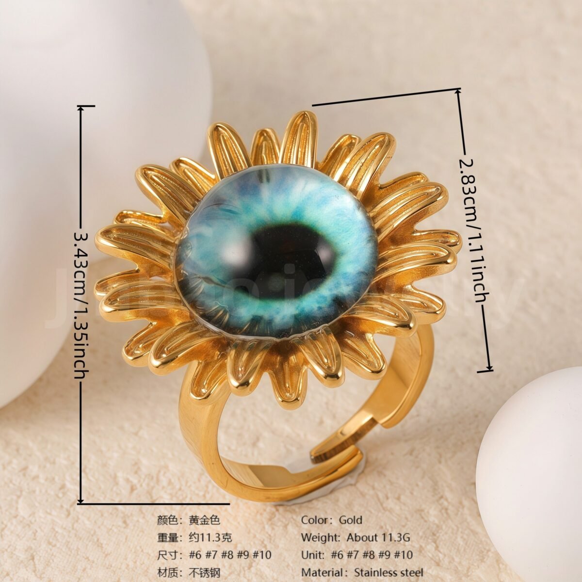 24K Gold-Plating Stainless Steel Colorful Eye Sunflower Trendy Women's Waterproof Ring - Image 13