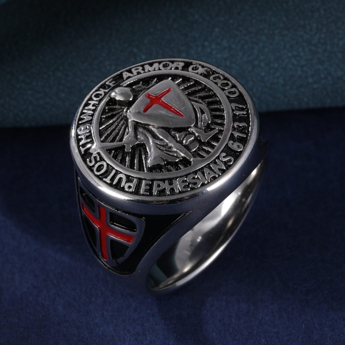 Stainless Steel Ring with Red Cross and Armor Pattern, Symbolizing Divine Strength, Perfect for Men's b Faith Ring, Courage and Protection, Ideal Gift - Image 4