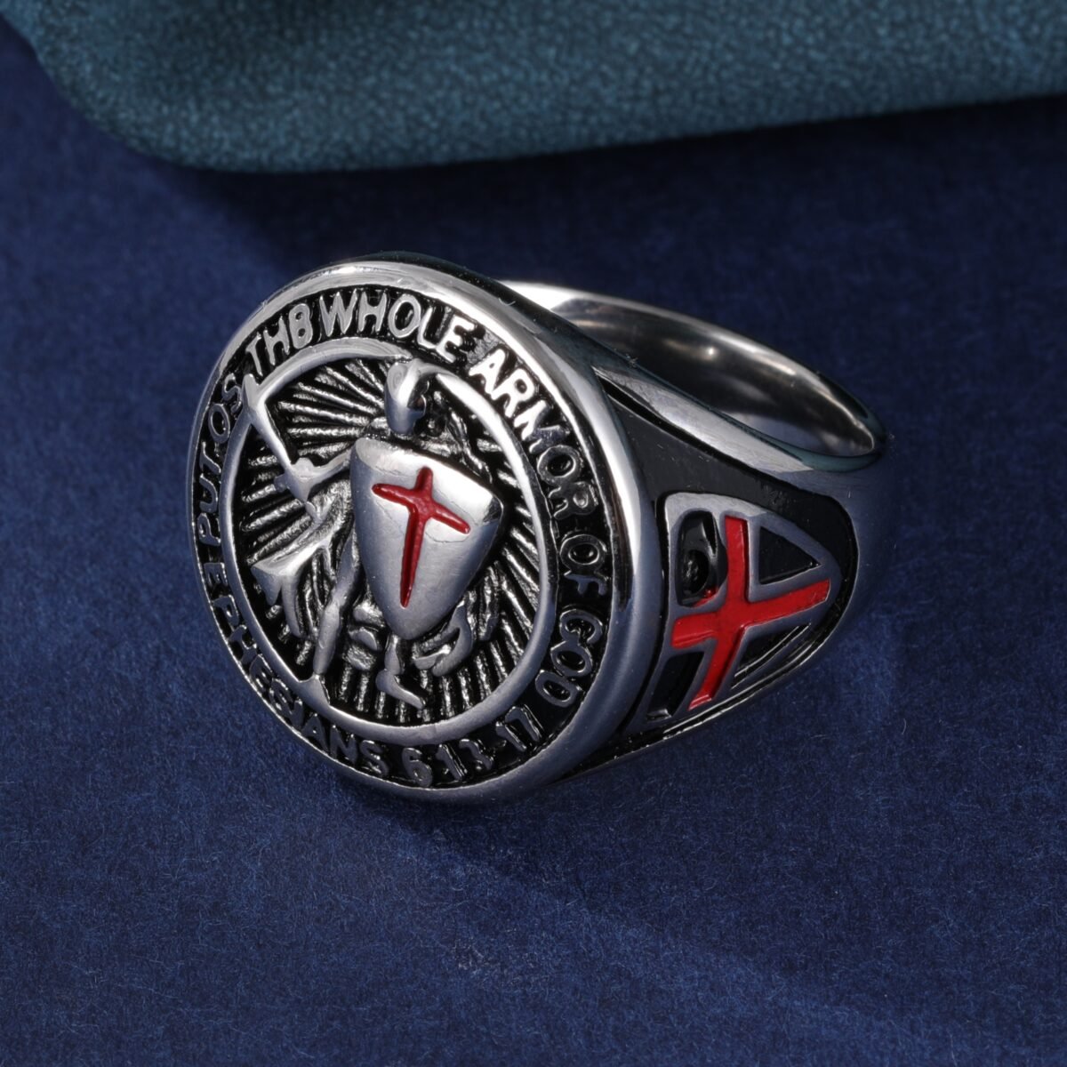 Stainless Steel Ring with Red Cross and Armor Pattern, Symbolizing Divine Strength, Perfect for Men's b Faith Ring, Courage and Protection, Ideal Gift - Image 2