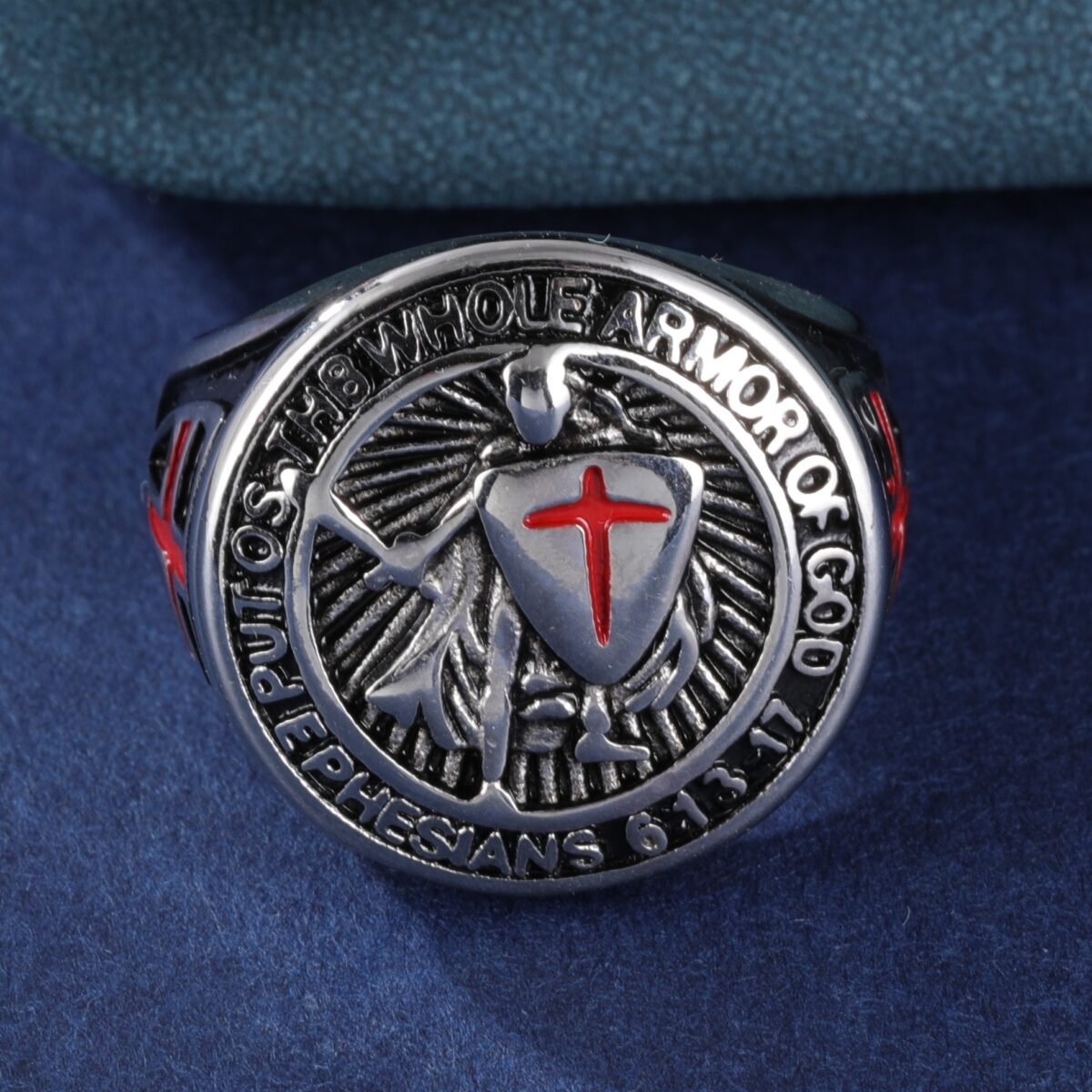 Stainless Steel Ring with Red Cross and Armor Pattern, Symbolizing Divine Strength, Perfect for Men's b Faith Ring, Courage and Protection, Ideal Gift - Image 3