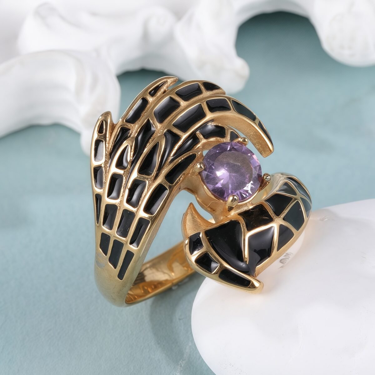 Creative Gemstone and Black Enamel Stainless Steel Women's RingحC-309 - Image 3