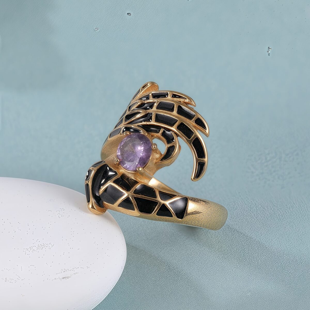 Creative Gemstone and Black Enamel Stainless Steel Women's RingحC-309 - Image 4