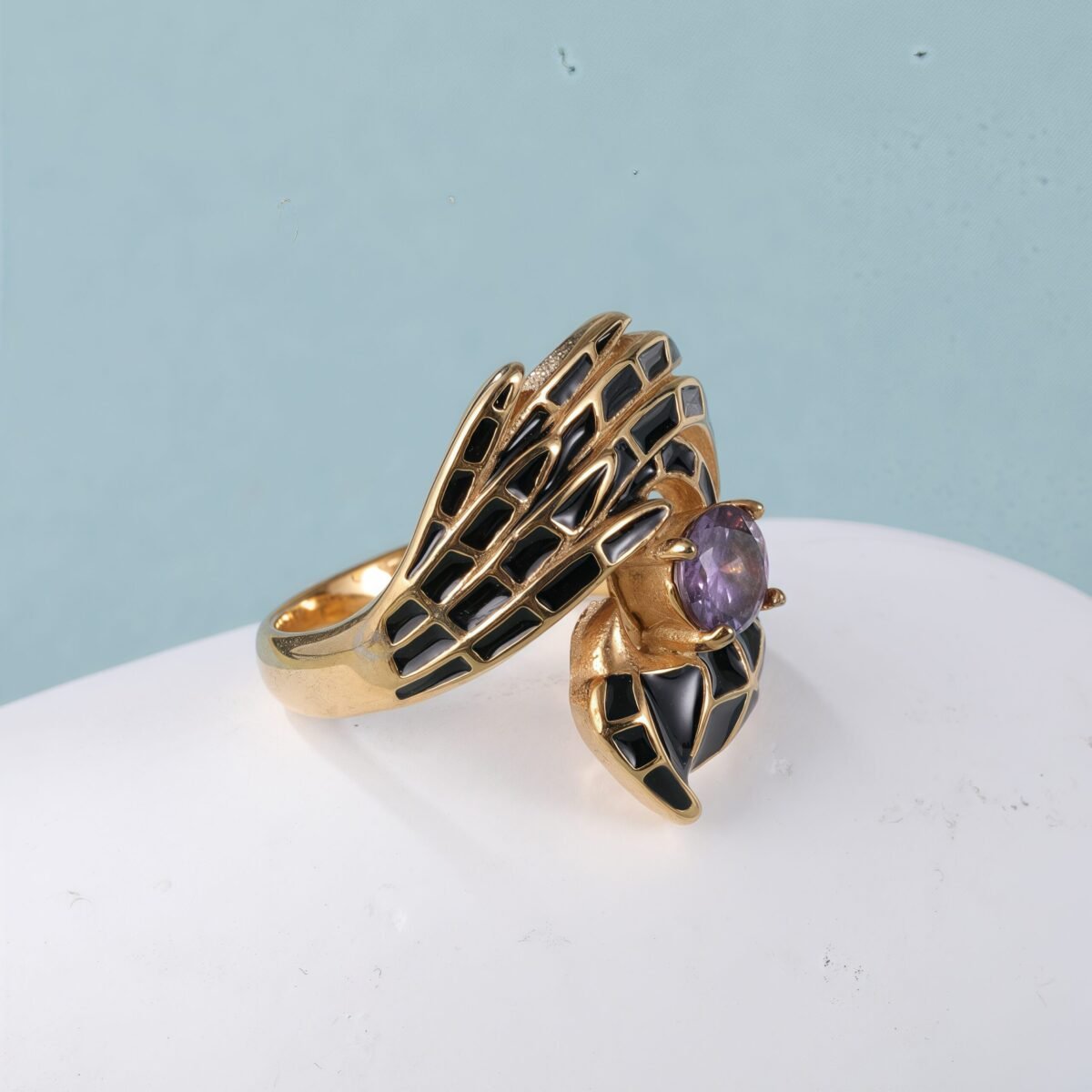 Creative Gemstone and Black Enamel Stainless Steel Women's RingحC-309 - Image 6