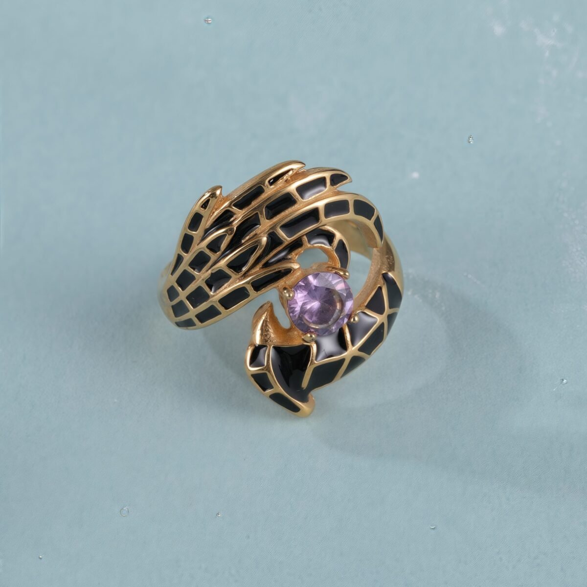 Creative Gemstone and Black Enamel Stainless Steel Women's RingحC-309 - Image 5