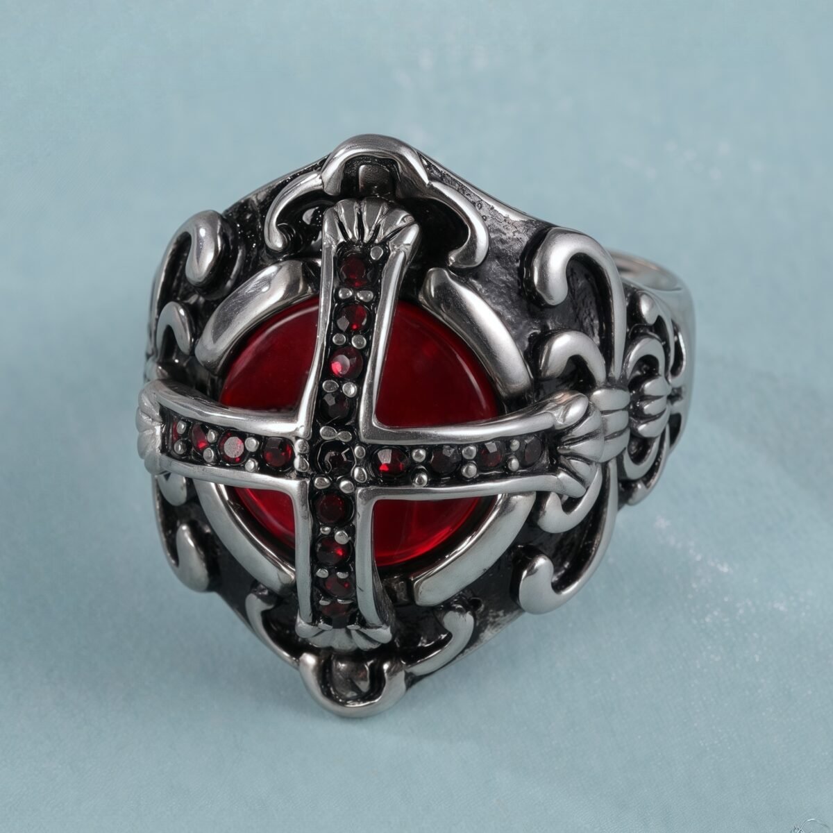 Cross-Set Ruby ​​Stainless Steel Men's Ring丨C-308 - Image 4
