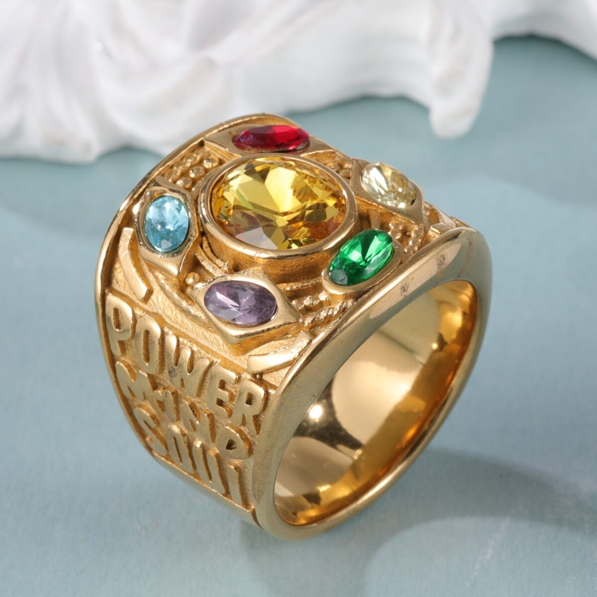 24k gold plated stainless steel men's ring with multi-colored gemstonesحB044 - Image 4