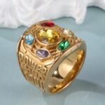 24k gold plated stainless steel men's ring with multi-colored gemstonesحB044 - Image 4