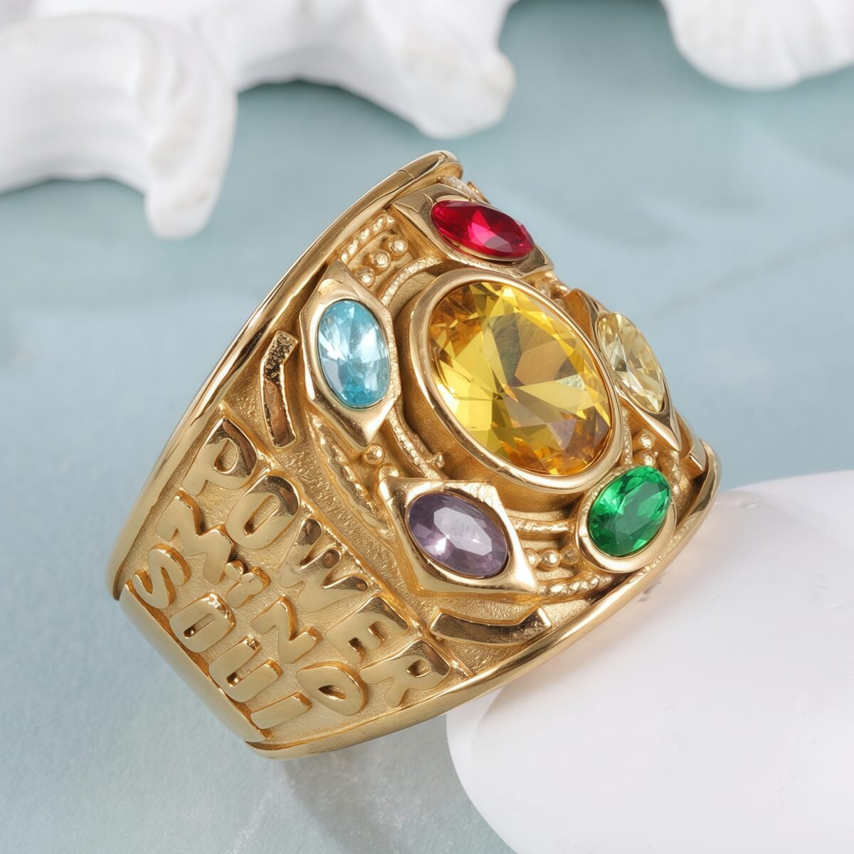 24k gold plated stainless steel men's ring with multi-colored gemstonesحB044 - Image 2