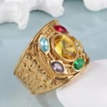 24k gold plated stainless steel men's ring with multi-colored gemstonesحB044 - Image 2