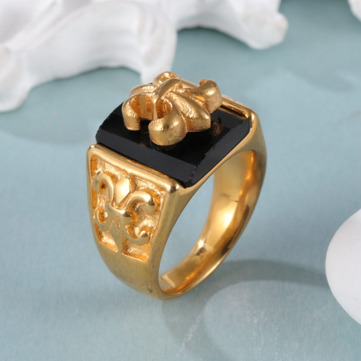 Gold Stainless Steel Ring with Black Gemstone and Cross Carving, Classic Vintage Style, Perfect Fashion Ring for Men, Ideal Gift - Image 1
