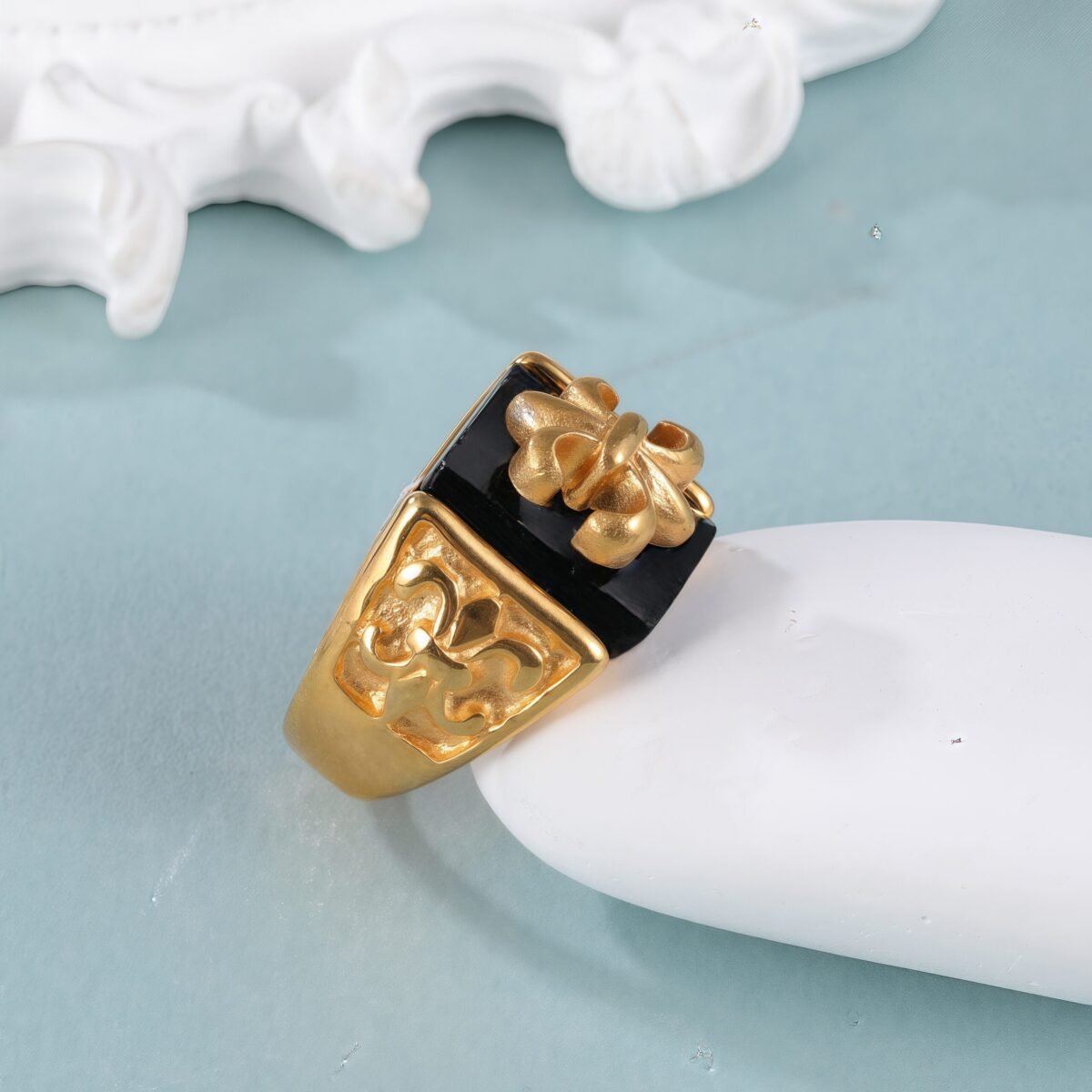Gold Stainless Steel Ring with Black Gemstone and Cross Carving, Classic Vintage Style, Perfect Fashion Ring for Men, Ideal Gift - Image 4