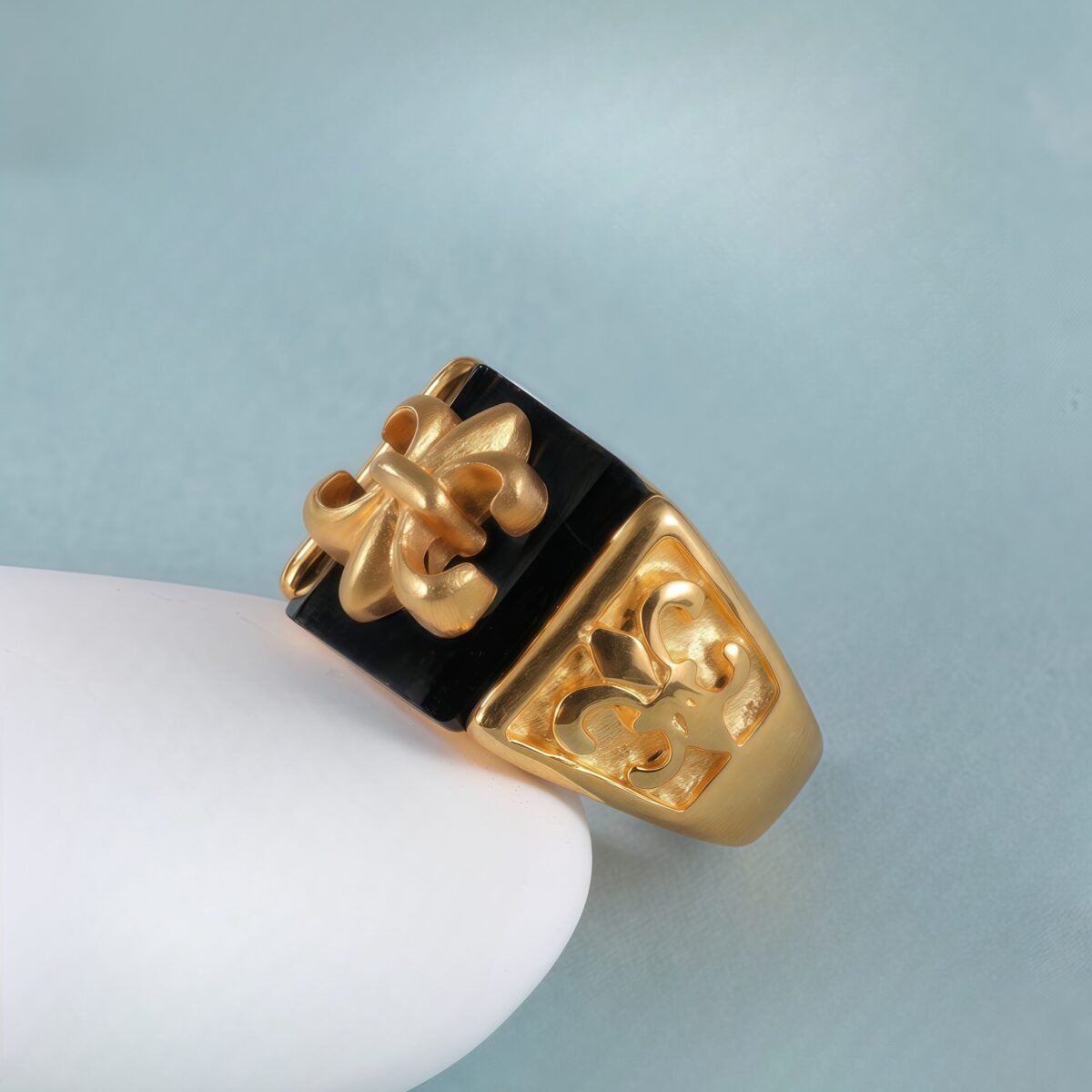 Gold Stainless Steel Ring with Black Gemstone and Cross Carving, Classic Vintage Style, Perfect Fashion Ring for Men, Ideal Gift - Image 2