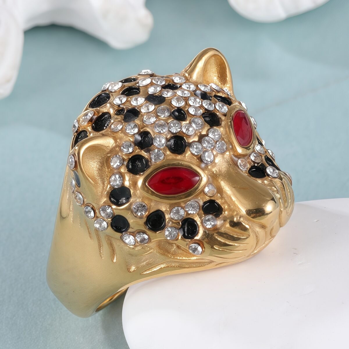 Panther Head Shining Hip Hop Inlaid Red And Black Brick Design Gold Stainless Steel Ring丨G00981 - Image 5