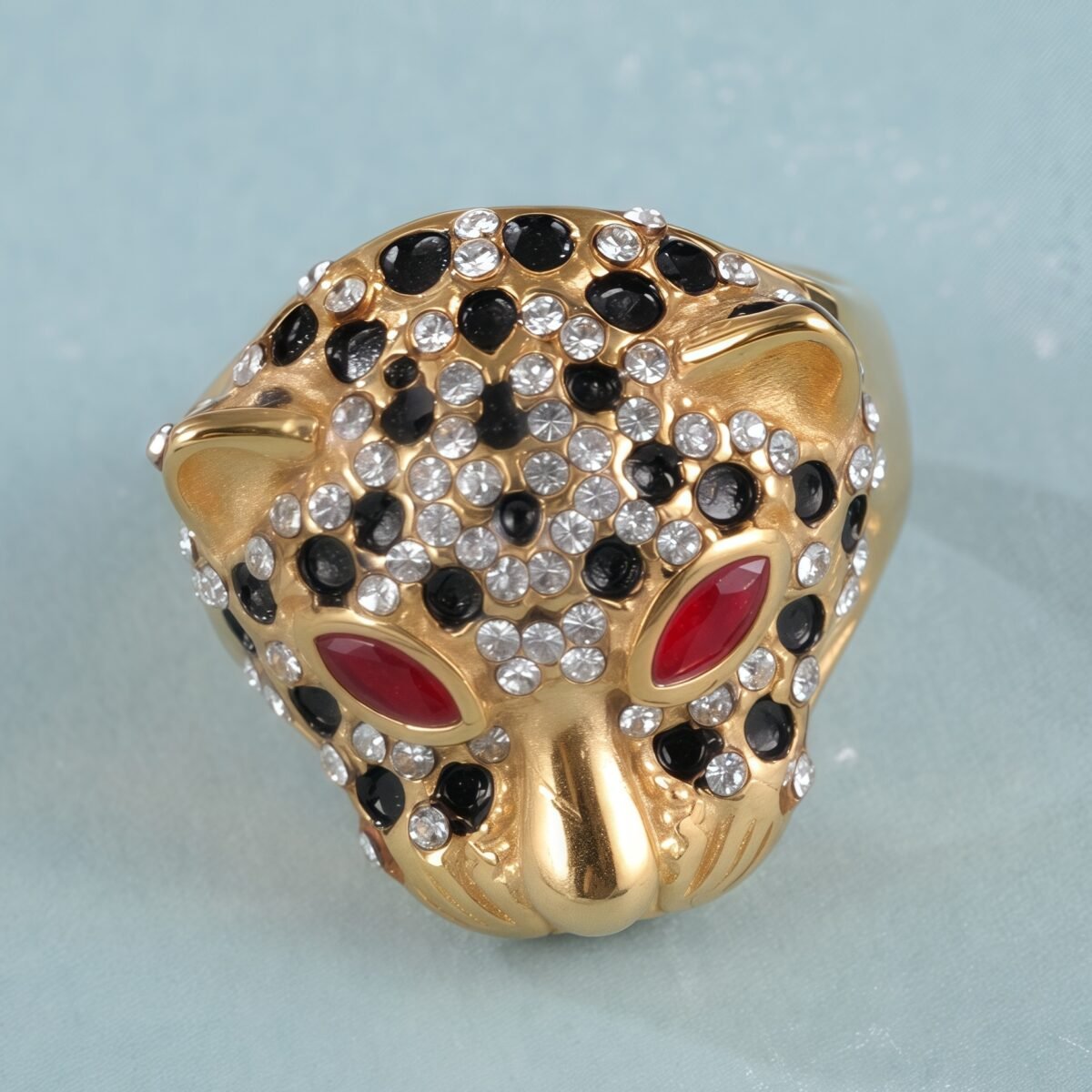 Panther Head Shining Hip Hop Inlaid Red And Black Brick Design Gold Stainless Steel Ring丨G00981 - Image 6