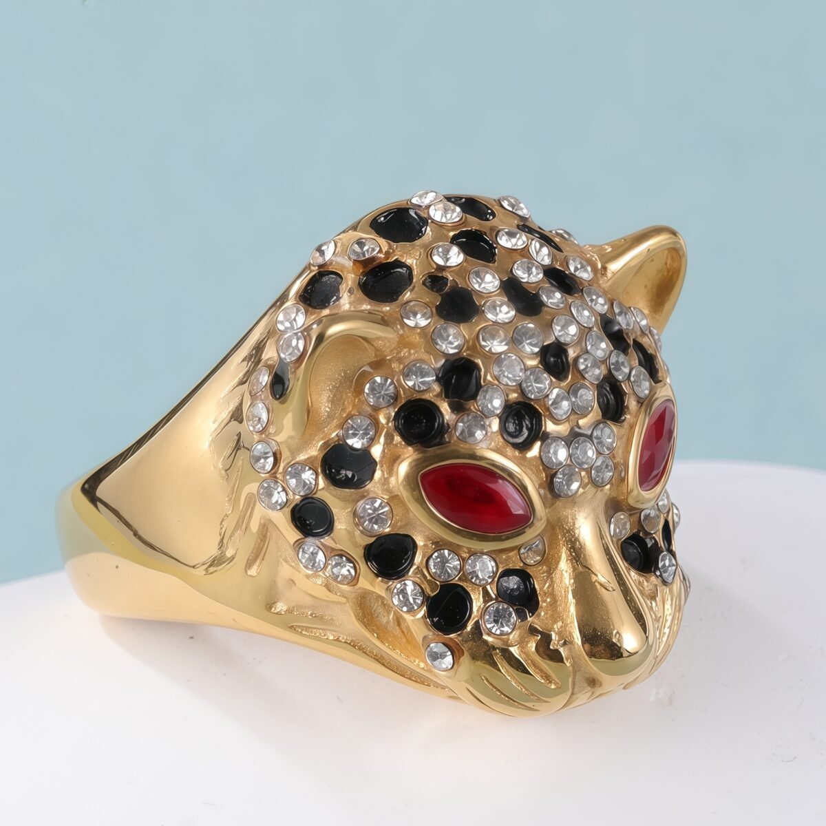 Panther Head Shining Hip Hop Inlaid Red And Black Brick Design Gold Stainless Steel Ring丨G00981 - Image 3