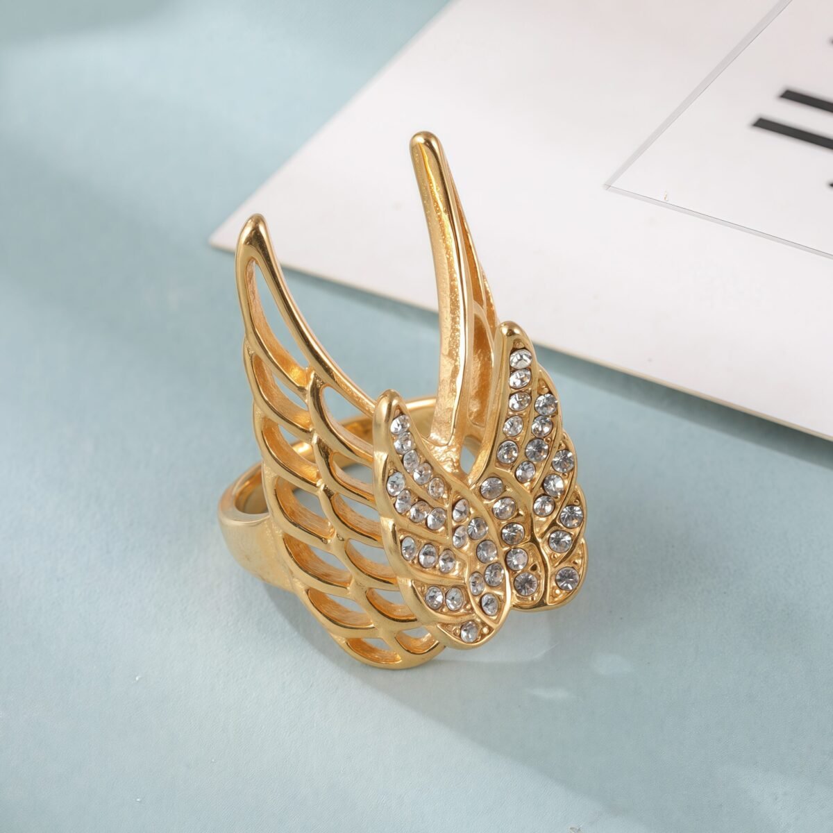 24k Gold Inlaid Crystal Wing Pattern Stainless Steel Female Ring丨C-306 - Image 8