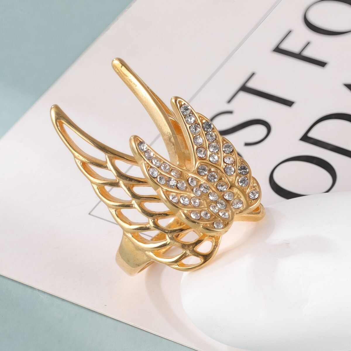 24k Gold Inlaid Crystal Wing Pattern Stainless Steel Female Ring丨C-306 - Image 7