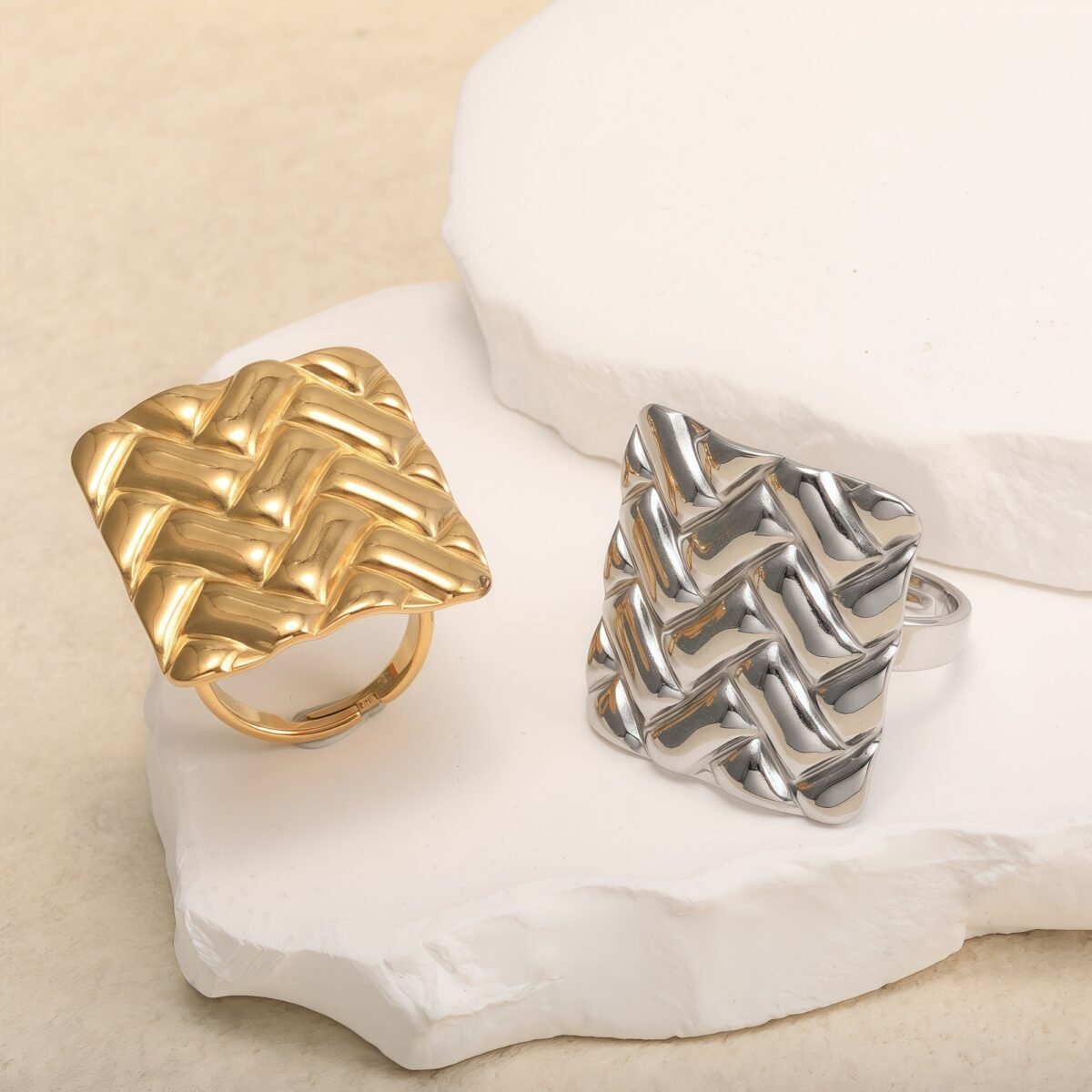 18K Gold Tone Stainless Steel Woven Pattern Square Ring for Women丨G005241 - Image 1