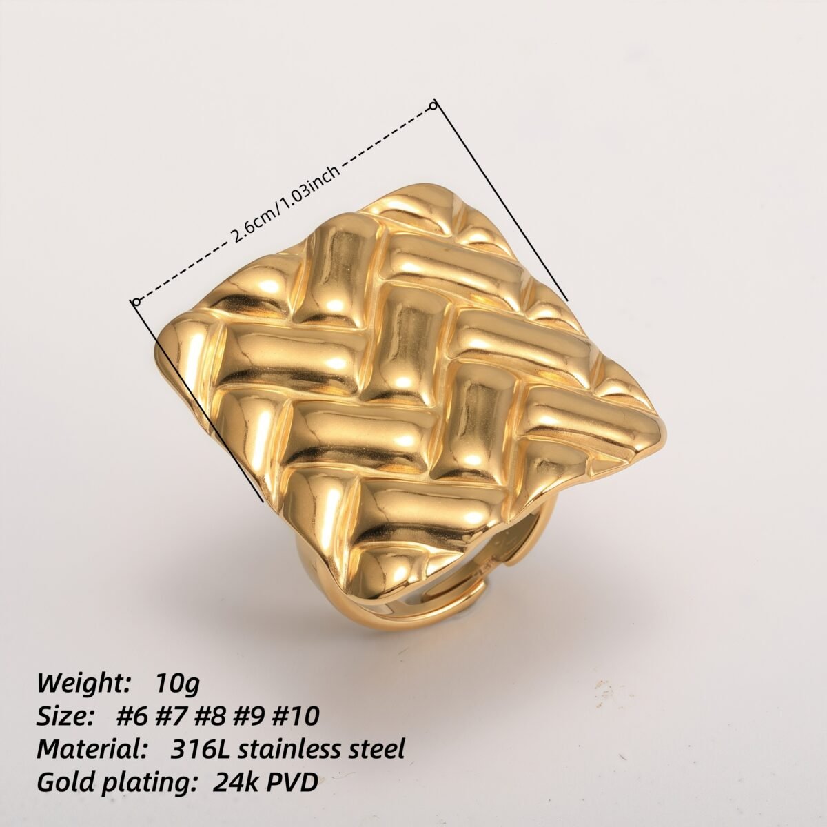 18K Gold Tone Stainless Steel Woven Pattern Square Ring for Women丨G005241 - Image 6