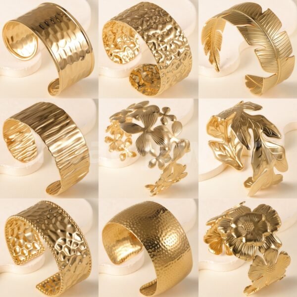 Elegant Floral Engraving 24K Gold PVD Stainless Steel Titanium Women's Bangle