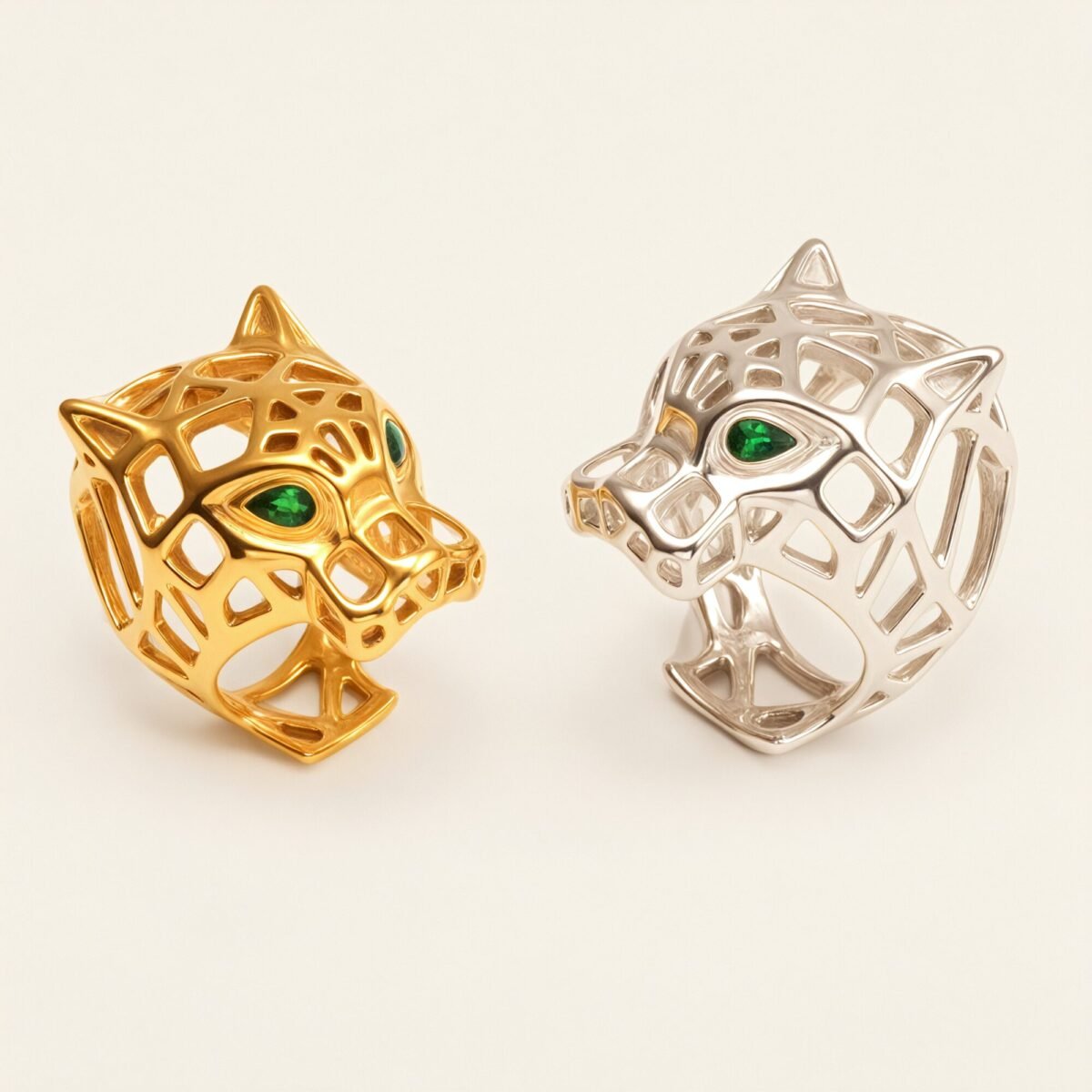 Stainless Steel Leopard Head Ring, Hollow with Green Eyes, Trendy Women's Ring丨G001002JLV - Image 1