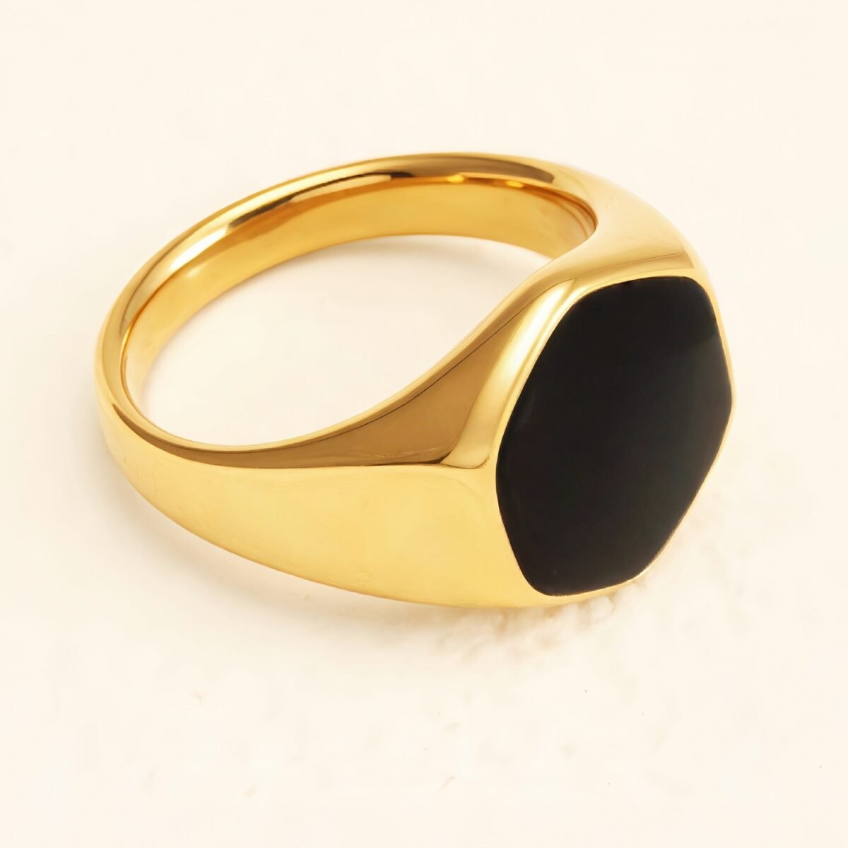 Gold Hexagonal Black Gem Ring, Minimalist & Stylish Band for Men & Women |A249 - Image 1