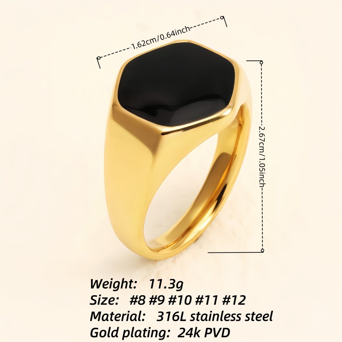 Gold Hexagonal Black Gem Ring, Minimalist & Stylish Band for Men & Women |A249 - Image 4