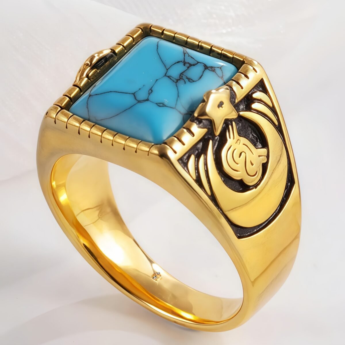 Vintage blue turquoise ring gold plated carved stainless steel men's ring | BL67 - Image 1