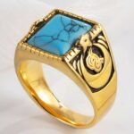 Vintage blue turquoise ring gold plated carved stainless steel men's ring | BL67