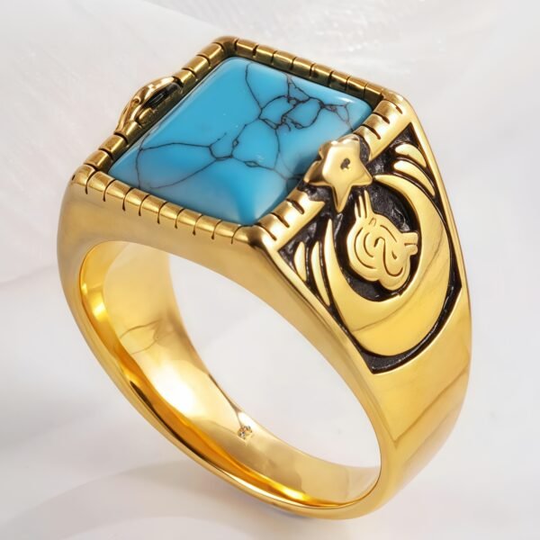 Vintage blue turquoise ring gold plated carved stainless steel men's ring | BL67
