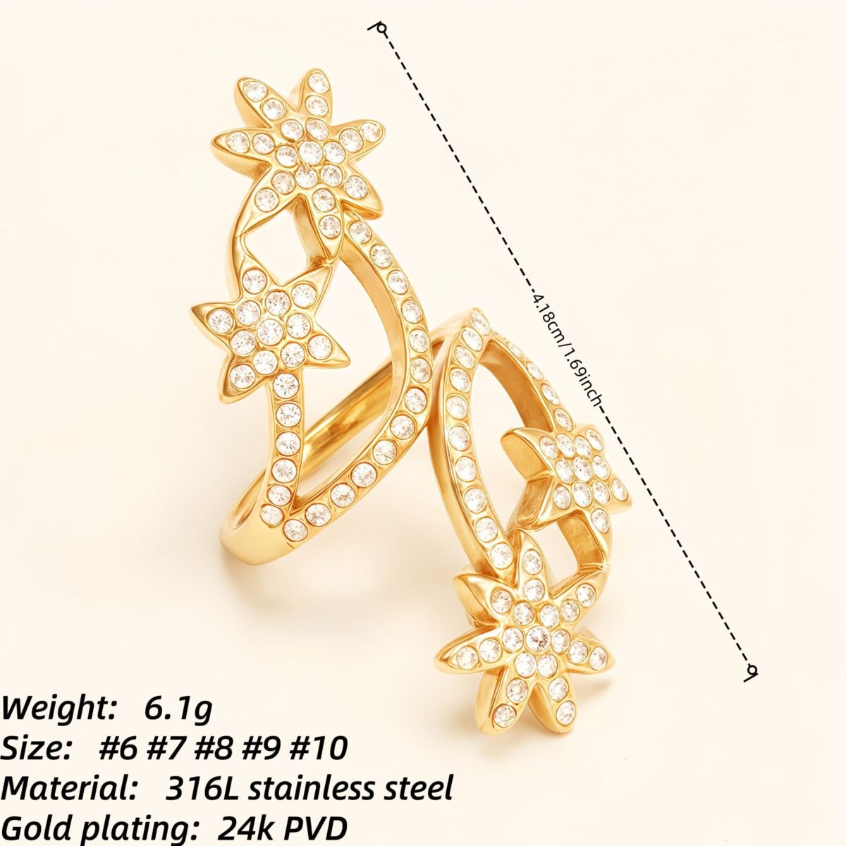 Star - Shaped Diamond - Inlaid Ring, Women's Fashion Hollow Gold Ring | DJ9702J - Image 4