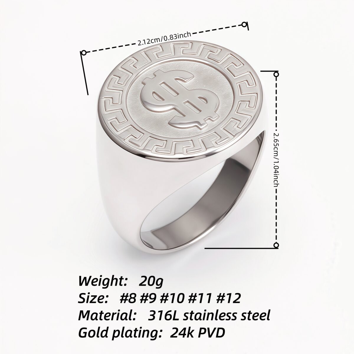 Dollar Sign Retro Meander Silver Ring, Trendy Men's Band | DZ1680 - Image 4