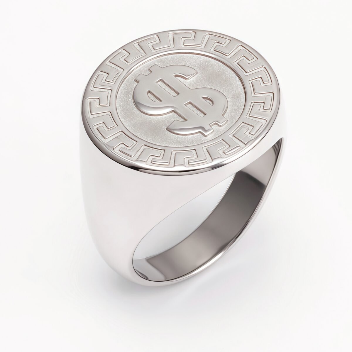 Dollar Sign Retro Meander Silver Ring, Trendy Men's Band | DZ1680 - Image 1