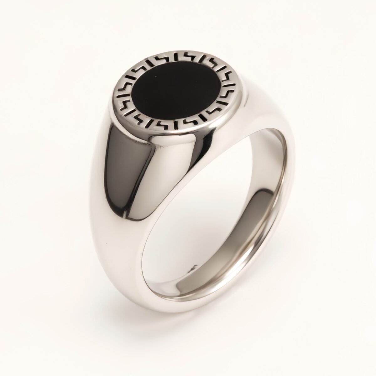 Vintage Meander Black - Faced Silver Ring, Minimalist Band for Trendsetters | DZ474 - Image 1