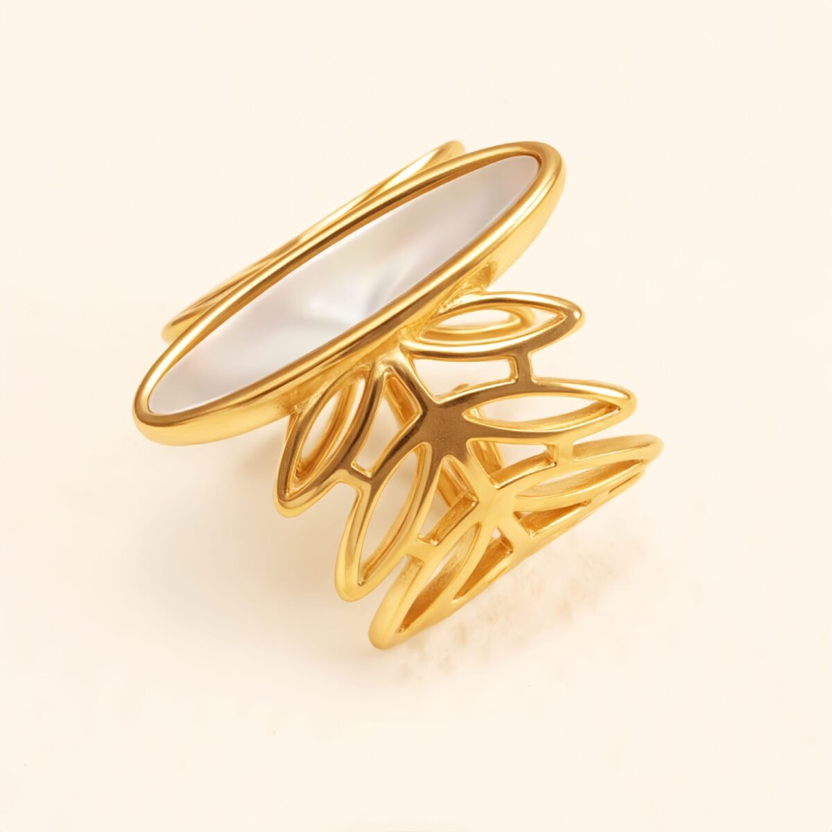 Geometric Hollow Mother - of - Pearl Ring, Fashion Women's Niche Design Gold Ring | WF-1041J - Image 3