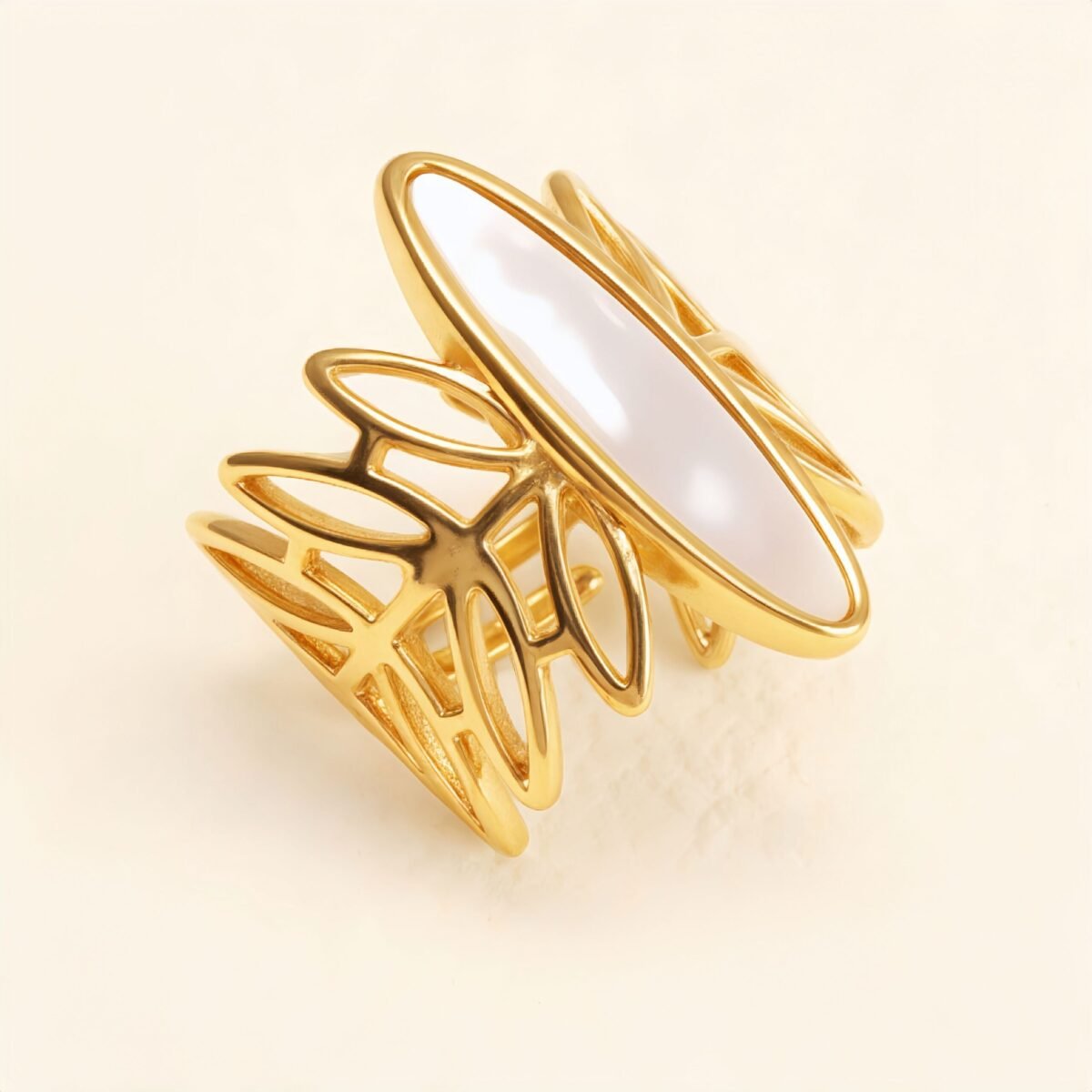 Geometric Hollow Mother - of - Pearl Ring, Fashion Women's Niche Design Gold Ring | WF-1041J - Image 1